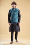 Buy_Aryavir Malhotra_Blue Banarasi Jacquard Embroidery Thread Asymmetric Nehru Jacket And Churidar Set _at_Aza_Fashions