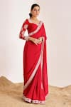 Suruchi Parakh_Red Georgette Embroidery Mirror Leaf Neck Border Saree With Blouse _at_Aza_Fashions