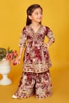 Buy_Maaikid_Brown Cotton Print Floral Mirror Embroidered Peplum Kurta With Sharara _at_Aza_Fashions