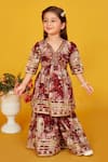 Maaikid_Brown Cotton Print Floral Mirror Embroidered Peplum Kurta With Sharara _Online_at_Aza_Fashions