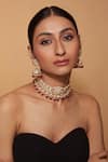 Shop_Vivinia By Vidhi Mehra_Red Pearls, Beads, Piping Kundan Embellished Floral Choker Set _at_Aza_Fashions