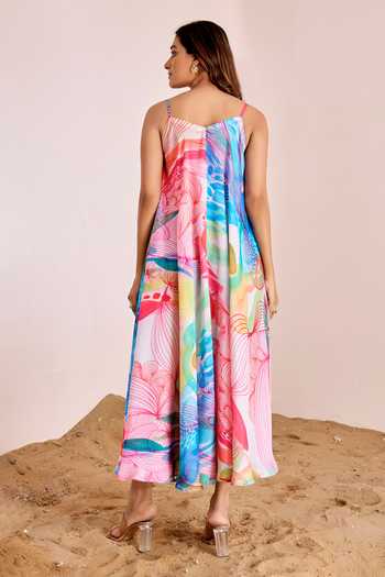 Shop_Suruchi Parakh_Multi Color Silk, Satin Sweetheart Neck Abstract Print Pleated Dress _at_Aza_Fashions