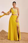 Buy_Suruchi Parakh_Yellow Georgette Embroidery Mirror Asymmetric One Shoulder Blouse And Skirt Set _at_Aza_Fashions