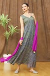 Samyukta Singhania_Grey Anarkali Kota Doria Bandhani V Neck Pattern With Dupatta _at_Aza_Fashions