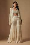 Buy_Asaga_Ivory Satin Organza Hand Embroidery Floral Cape Front Orlique Sharara Set _at_Aza_Fashions