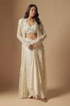 Buy_Asaga_Ivory Satin Organza Hand Embroidery Floral Jacket Front Moon Pie And Skirt Set _at_Aza_Fashions