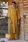 Buy_Label Kinjal Modi_Yellow Chanderi Tissue Plain Round Neck Dual Tone Tunic With Pant _at_Aza_Fashions