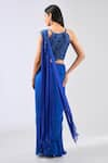 Shop_Rabani & Rakha_Blue Chiffon Embroidered Lace Work V-neck Sairra Pre-draped Saree With Blouse _at_Aza_Fashions