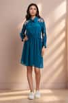 Buy_Samyukta Singhania_Blue Crepe Embroidered Cutdana Collared And Moti Shirt Dress _at_Aza_Fashions