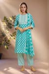 Buy_Khwaab by Sanjana Lakhani_Blue Cotton Print Flower Blossom Round Neck Kurta Set _at_Aza_Fashions