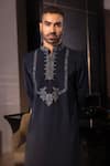 Shop_Amit Arora_Blue Polyester Stones, Embroidery Geometric Pattern Kurta With Aligadhi _at_Aza_Fashions