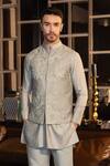 Shop_AMIT ARORA_Mint Moonga Silk Hand Embroidered Thread Floral Waistcoat And Kurta Set _at_Aza_Fashions