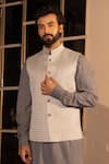Shop_Amit Arora_Grey Jacquard, Modal Embroidery Hand Waistcoat With Asymmetric Kurta Set _at_Aza_Fashions