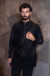 Shop_AMIT ARORA_Black Poly Knit Embroidery Thread Cowl Drape Kurta With Aligadhi _at_Aza_Fashions