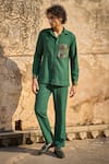 Buy_Dash and Dot_Emerald Green 100% Polyester Embroidered Thread Running Stitch Pant _at_Aza_Fashions