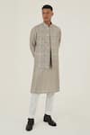 Buy_Dhruv Vaish_Grey Silk Embroidered Thread Checkered Jawahar Jacket _at_Aza_Fashions