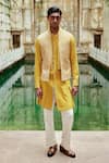 Buy_Dhruv Vaish_Yellow Silk Embroidered Thread Geometric Open Jawahar Jacket _at_Aza_Fashions