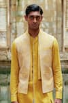 Shop_Dhruv Vaish_Yellow Silk Embroidered Thread Geometric Open Jawahar Jacket _at_Aza_Fashions