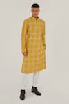 Buy_Dhruv Vaish_Yellow Cotton Silk Chanderi Embroidery Thread Checkered Kurta Set _at_Aza_Fashions