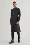 Buy_Dhruv Vaish_Black Cotton Silk Chanderi Embroidery Stitchline Thread Kurta Set _at_Aza_Fashions