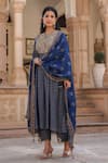 Label Niti Bothra_Blue Silk Print Floret Butti Notched Neck Kurta With Pant _at_Aza_Fashions