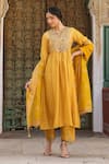 Buy_Label Niti Bothra_Yellow Silk Print Floret Butti Notched Neck Gathered Kurta With Pant _at_Aza_Fashions