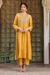 Buy_Label Niti Bothra_Yellow Silk Print Floret Butti Notched Neck Gathered Kurta With Pant _Online_at_Aza_Fashions