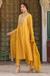 Shop_Label Niti Bothra_Yellow Silk Print Floret Butti Notched Neck Gathered Kurta With Pant _Online_at_Aza_Fashions