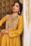 Buy_Label Niti Bothra_Yellow Silk Print Floret Butti Notched Neck Gathered Kurta With Pant 