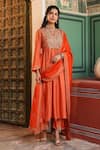 Buy_Label Niti Bothra_Orange Silk Print Floret Butti Notched Neck Gathered Kurta With Pant _at_Aza_Fashions