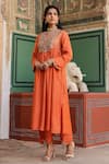 Shop_Label Niti Bothra_Orange Silk Print Floret Butti Notched Neck Gathered Kurta With Pant _Online_at_Aza_Fashions