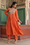 Label Niti Bothra_Orange Silk Print Floret Butti Notched Neck Gathered Kurta With Pant _at_Aza_Fashions