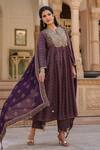 Buy_Label Niti Bothra_Purple Silk Print Floret Butti Notched Neck Gathered Flower Kurta With Pant _Online_at_Aza_Fashions