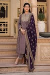 Buy_Label Niti Bothra_Purple Silk Print Floret Butti Notched Neck Gathered Flower Kurta With Pant 