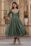 Label Niti Bothra_Green Silk Print Floret Butti Sweetheart Neck Anarkali Churidar Set _Online_at_Aza_Fashions