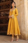 Shop_Label Niti Bothra_Yellow Silk Print Floret Butti Sweetheart Neck Flower Anarkali Churidar Set _Online_at_Aza_Fashions