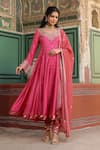 Buy_Label Niti Bothra_Pink Silk Print Floret Butti Sweetheart Neck Flower Anarkali Churidar Set _at_Aza_Fashions