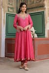 Label Niti Bothra_Pink Silk Print Floret Butti Sweetheart Neck Flower Anarkali Churidar Set _Online_at_Aza_Fashions