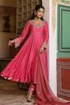 Buy_Label Niti Bothra_Pink Silk Print Floret Butti Sweetheart Neck Flower Anarkali Churidar Set 