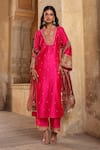 Shop_Label Niti Bothra_Pink Pure Silk Embroidery Butti Overlap Collar Straight Kurta With Palazzo _Online_at_Aza_Fashions