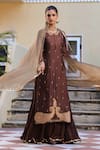 Buy_Label Niti Bothra_Brown Pure Silk Embroidery Butti Round Neck Attached Skirt Kurta With Dupatta _at_Aza_Fashions