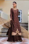 Buy_Label Niti Bothra_Brown Pure Silk Embroidery Butti Round Neck Attached Skirt Kurta With Dupatta 