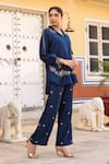 Label Niti Bothra_Blue Pure Silk Embroidered Zardozi Collared Riwayat Shirt And Pant Set _Online_at_Aza_Fashions