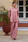 Shop_Label Niti Bothra_Pink Pure Silk Embroidered Zardozi Collared Riwayat Shirt And Pant Set _Online_at_Aza_Fashions