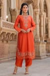 Label Niti Bothra_Orange Pure Silk Embroidered Zardozi Round And Pearl Kurta Pant Set _Online_at_Aza_Fashions