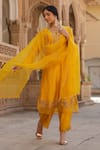 Label Niti Bothra_Yellow Pure Silk Embroidered Zardozi Round Floral Kurta Pant Set _Online_at_Aza_Fashions