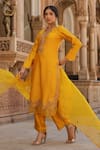 Shop_Label Niti Bothra_Yellow Pure Silk Embroidered Zardozi Round Floral Kurta Pant Set _Online_at_Aza_Fashions