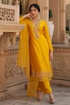 Label Niti Bothra_Yellow Pure Silk Embroidered Zardozi Round Floral Kurta Pant Set _at_Aza_Fashions