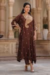 Buy_Label Niti Bothra_Brown Pure Silk Embroidered Applique Paisley V Cutwork Kaftan And Pant Set _at_Aza_Fashions