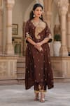 Buy_Label Niti Bothra_Brown Pure Silk Embroidered Applique Paisley V Cutwork Kaftan And Pant Set _Online_at_Aza_Fashions